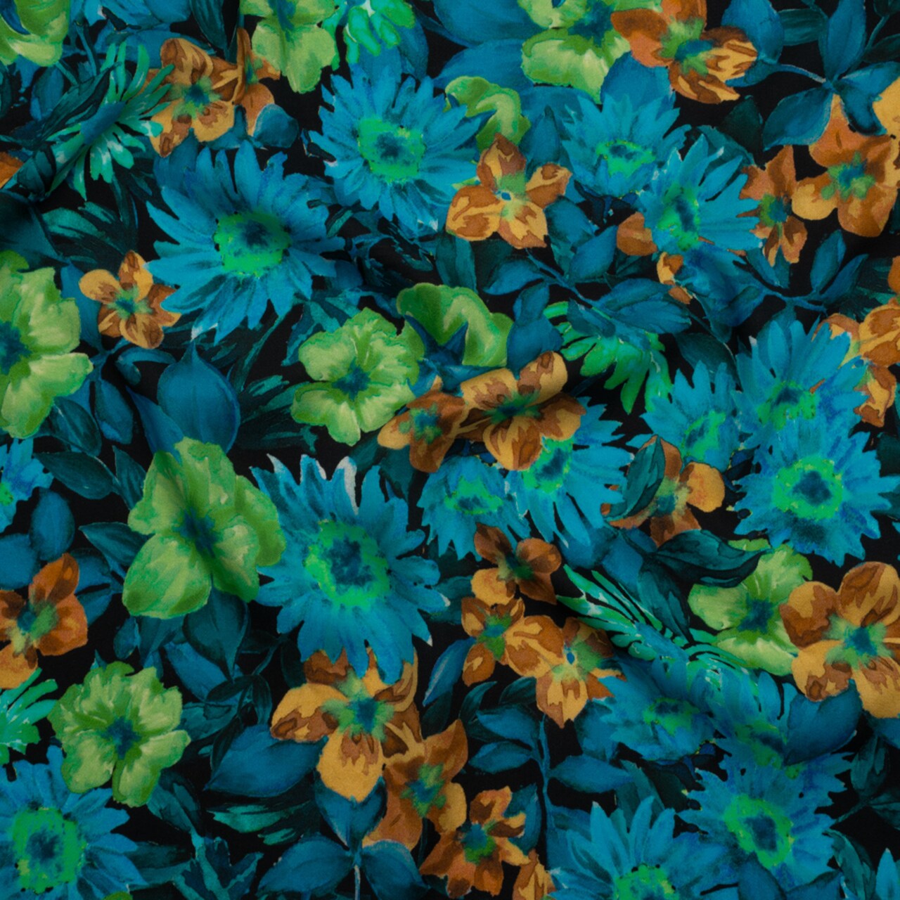 1 Yard Rayon Challis Blue Green and Gold Painted Flowers Watercolor Wonderland Print Fabric 55 Inches Width